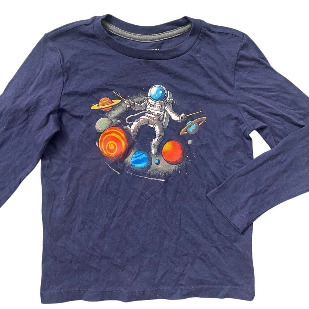 Old Navy Boys Navy Star Astronaut Planets Space Long Sleeve Graphic Tee Size 6/7